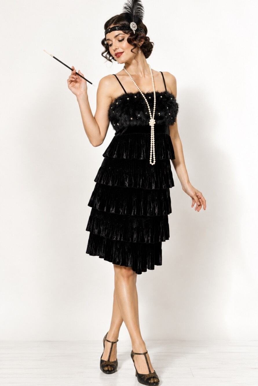 Black Velvet Ruffle Dress Fur Pearls 1920s Gatsby Flapper Boudoir Small goth